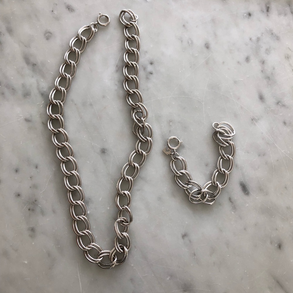 Silver Necklace and Bracelet Double Chain Set